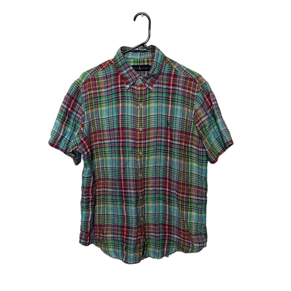 Ralph Lauren Linen Shirt Mens Large Red Blue Green Plaid Button Down Pony Preppy - Picture 1 of 8